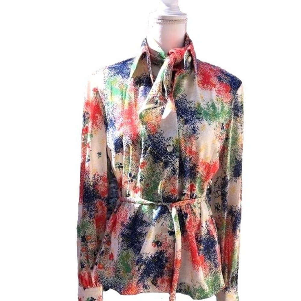 Floral Blouse Womens Vintage Colorful Orange Blue Attached Scarf Belted Waist